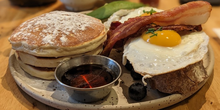 Bakers & Roasters pancakes with toast bacon and eggs