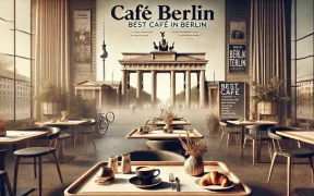 A wide, stylish, and inviting header image for an article titled 'Best Café in Berlin'. The text 'Café Berlin' should be prominently displayed in the