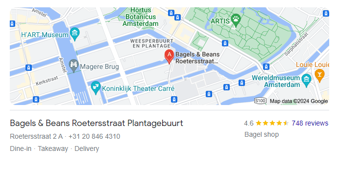 Bagels & Beans Roetersstraat Plantagebuurt google reviews and google map