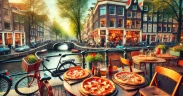 Cozy outdoor pizza restaurant in Amsterdam by a canal, with freshly baked pizza on a table, bicycles, and classic Amsterdam architecture in the background.