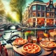 Cozy outdoor pizza restaurant in Amsterdam by a canal, with freshly baked pizza on a table, bicycles, and classic Amsterdam architecture in the background.