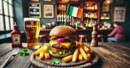 Mouthwatering burger with fresh toppings and crispy fries on a rustic wooden plate, featuring an Irish flag toothpick, set in a Dublin-themed pub atmosphere.