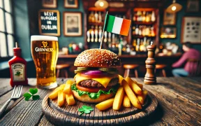 Mouthwatering burger with fresh toppings and crispy fries on a rustic wooden plate, featuring an Irish flag toothpick, set in a Dublin-themed pub atmosphere.