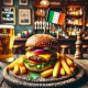 Mouthwatering burger with fresh toppings and crispy fries on a rustic wooden plate, featuring an Irish flag toothpick, set in a Dublin-themed pub atmosphere.