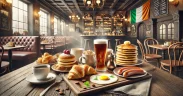 Realistic breakfast spread with pastries, scrambled eggs, sausages, pancakes, and coffee on a rustic wooden table, set in a cozy Dublin café with warm lighting and subtle Irish décor.