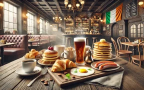 Realistic breakfast spread with pastries, scrambled eggs, sausages, pancakes, and coffee on a rustic wooden table, set in a cozy Dublin café with warm lighting and subtle Irish décor.