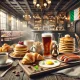 Realistic breakfast spread with pastries, scrambled eggs, sausages, pancakes, and coffee on a rustic wooden table, set in a cozy Dublin café with warm lighting and subtle Irish décor.