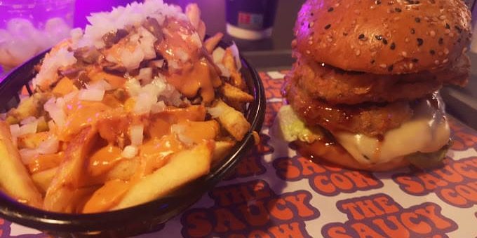 The Saucy Cow Vegan Food Temple Bar - loaded french fries with onion ring burger