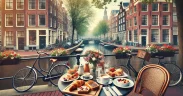 cozy outdoor breakfast café in Amsterdam by a canal, with a table set for breakfast, including pastries, eggs, and coffee, with traditional Amsterdam buildings in the background.