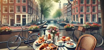 cozy outdoor breakfast café in Amsterdam by a canal, with a table set for breakfast, including pastries, eggs, and coffee, with traditional Amsterdam buildings in the background.