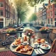 cozy outdoor breakfast café in Amsterdam by a canal, with a table set for breakfast, including pastries, eggs, and coffee, with traditional Amsterdam buildings in the background.