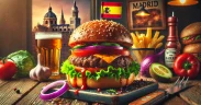 Image of a burger with french fries and a flag of spain and a painting of Madrid in the background