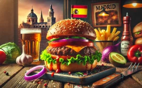 Image of a burger with french fries and a flag of spain and a painting of Madrid in the background