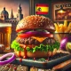 Image of a burger with french fries and a flag of spain and a painting of Madrid in the background