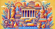 A vibrant, colorful, and inviting header image for an article titled 'Best Museums in Athens.' lively and cozy atmosphere