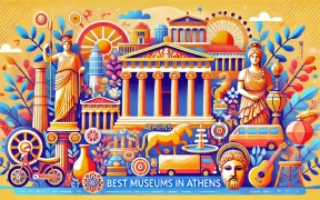 A vibrant, colorful, and inviting header image for an article titled 'Best Museums in Athens.' lively and cozy atmosphere