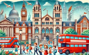 Lively scene in London featuring the Natural History Museum and Science Museum, with families and children exploring, and iconic elements like red double-decker buses.