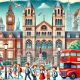 Lively scene in London featuring the Natural History Museum and Science Museum, with families and children exploring, and iconic elements like red double-decker buses.