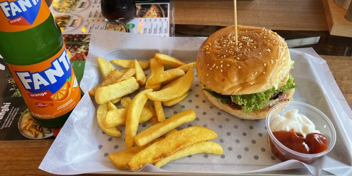 burger inn berlin - cheesburger with french fries and fanta-min