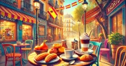 vibrant, colorful, and inviting header image for an article featuring a cozy Madrid café setting with a typical Spanish breakfast,