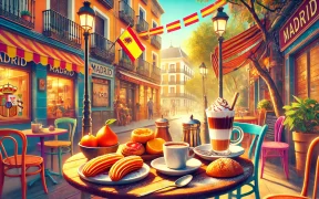 vibrant, colorful, and inviting header image for an article featuring a cozy Madrid café setting with a typical Spanish breakfast,