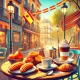 vibrant, colorful, and inviting header image for an article featuring a cozy Madrid café setting with a typical Spanish breakfast,