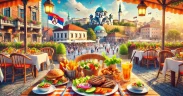 A lively scene of Belgrade’s dining culture with cozy traditional Serbian taverns and modern upscale restaurants, featuring iconic Belgrade architecture like Kalemegdan Fortress.