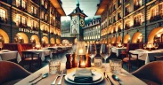 Elegant restaurant table setting with wine glasses and cutlery, set against Bern’s Zytglogge clock tower and Swiss-style buildings in a warm, inviting ambiance.