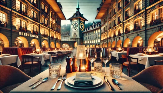 Elegant restaurant table setting with wine glasses and cutlery, set against Bern’s Zytglogge clock tower and Swiss-style buildings in a warm, inviting ambiance.