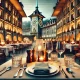 Elegant restaurant table setting with wine glasses and cutlery, set against Bern’s Zytglogge clock tower and Swiss-style buildings in a warm, inviting ambiance.