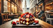 Golden Belgian waffle topped with fresh strawberries, blueberries, and powdered sugar on a rustic table in a cozy Brussels café setting.