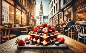 Golden Belgian waffle topped with fresh strawberries, blueberries, and powdered sugar on a rustic table in a cozy Brussels café setting.