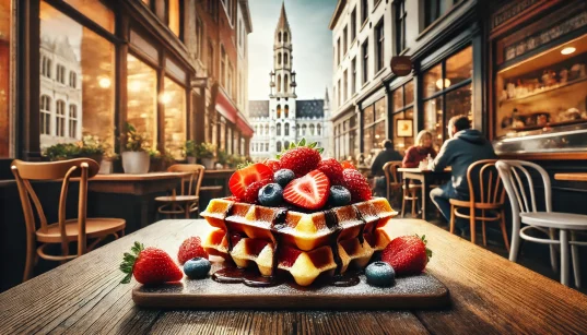 Golden Belgian waffle topped with fresh strawberries, blueberries, and powdered sugar on a rustic table in a cozy Brussels café setting.