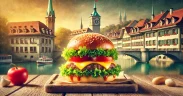 Juicy burger with fresh toppings on a rustic wooden table, set against Bern's Zytglogge clock tower and traditional Swiss buildings in warm natural light.