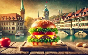 Juicy burger with fresh toppings on a rustic wooden table, set against Bern's Zytglogge clock tower and traditional Swiss buildings in warm natural light.