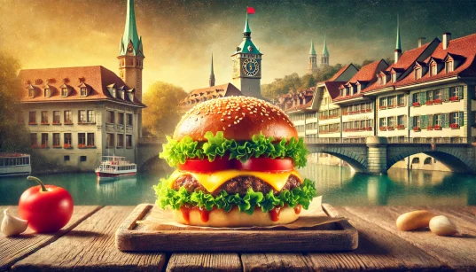 Juicy burger with fresh toppings on a rustic wooden table, set against Bern's Zytglogge clock tower and traditional Swiss buildings in warm natural light.