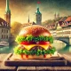 Juicy burger with fresh toppings on a rustic wooden table, set against Bern's Zytglogge clock tower and traditional Swiss buildings in warm natural light.