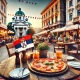 Outdoor pizzeria in Belgrade, Serbia, with freshly baked pizza, drinks, and a cozy setting, featuring Serbian architecture in the background and a small Serbian flag nearby