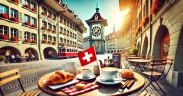 Realistic outdoor coffee shop scene in Bern, Switzerland, with coffee cups, pastries, and a small Swiss flag on the table, featuring historic architecture like the Zytglogge clock tower and cobblestone streets.