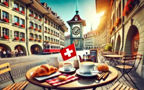 Realistic outdoor coffee shop scene in Bern, Switzerland, with coffee cups, pastries, and a small Swiss flag on the table, featuring historic architecture like the Zytglogge clock tower and cobblestone streets.