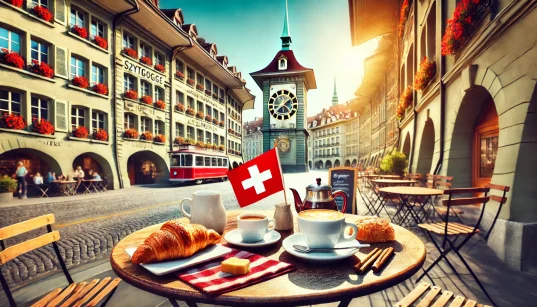 Realistic outdoor coffee shop scene in Bern, Switzerland, with coffee cups, pastries, and a small Swiss flag on the table, featuring historic architecture like the Zytglogge clock tower and cobblestone streets.