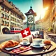 Realistic outdoor coffee shop scene in Bern, Switzerland, with coffee cups, pastries, and a small Swiss flag on the table, featuring historic architecture like the Zytglogge clock tower and cobblestone streets.