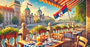 Morning scene at an outdoor café in Belgrade, Serbia, with breakfast items like pastries, eggs, and coffee, and a small Serbian flag placed on the table, with classic architecture and Kalemegdan Fortress in the background