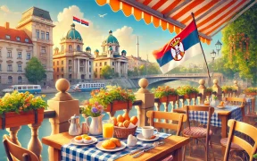 Morning scene at an outdoor café in Belgrade, Serbia, with breakfast items like pastries, eggs, and coffee, and a small Serbian flag placed on the table, with classic architecture and Kalemegdan Fortress in the background