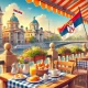 Morning scene at an outdoor café in Belgrade, Serbia, with breakfast items like pastries, eggs, and coffee, and a small Serbian flag placed on the table, with classic architecture and Kalemegdan Fortress in the background