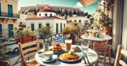 Cozy outdoor brunch café in Athens, Greece, with a table set for brunch items like pancakes and avocado toast, and a small Greek flag on the table, with iconic Greek architecture and the Acropolis in the background.