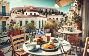 Cozy outdoor brunch café in Athens, Greece, with a table set for brunch items like pancakes and avocado toast, and a small Greek flag on the table, with iconic Greek architecture and the Acropolis in the background.