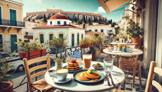 Cozy outdoor brunch café in Athens, Greece, with a table set for brunch items like pancakes and avocado toast, and a small Greek flag on the table, with iconic Greek architecture and the Acropolis in the background.