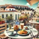 Cozy outdoor brunch café in Athens, Greece, with a table set for brunch items like pancakes and avocado toast, and a small Greek flag on the table, with iconic Greek architecture and the Acropolis in the background.