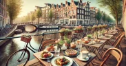 Scenic outdoor café in Amsterdam by a canal with bicycles and Dutch townhouses, featuring brunch items like croissants, pancakes, avocado toast, and coffee